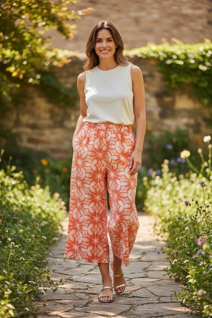 Ashley Stewart Plus Size 20 Wide Leg Linen Blend Pants Floral Orange Cream Crop⁠